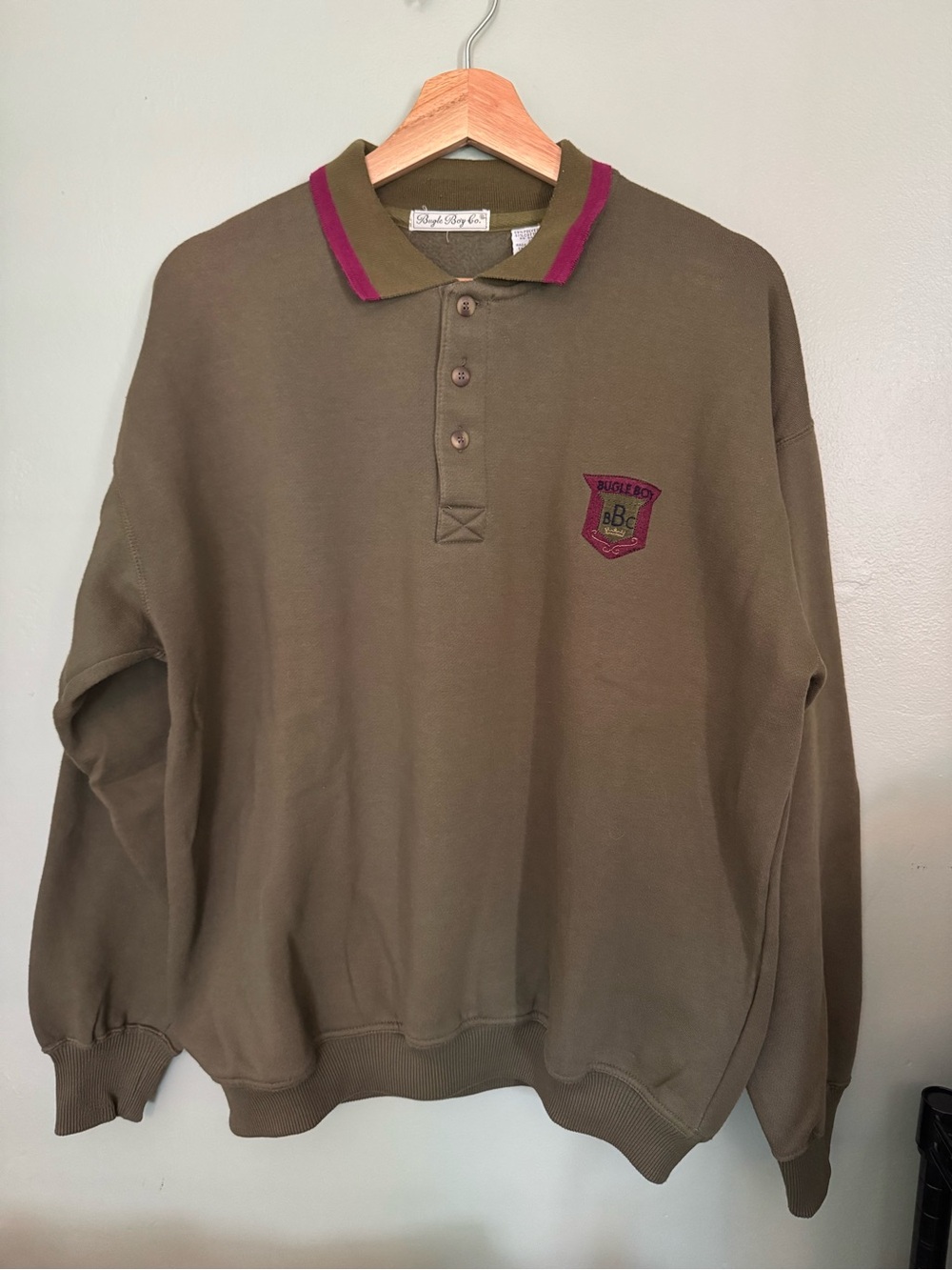 Bugle Boy Olive Green Polo Sweatshirt with Burgundy Trim